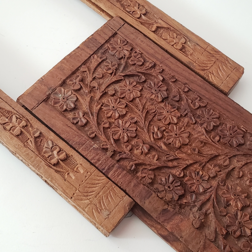 Antique Carved Wooden Elephant and Floral Expandable Book Holder from India